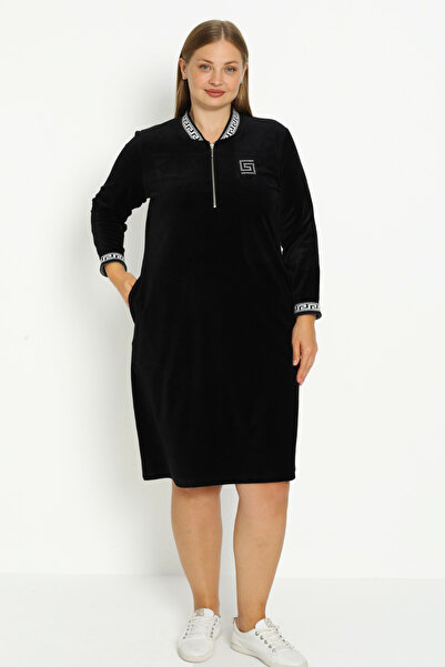 İntensive Women's Plus Size Black Cotton Velvet Pocket Zipper Print Detail Long Sleeve Dress