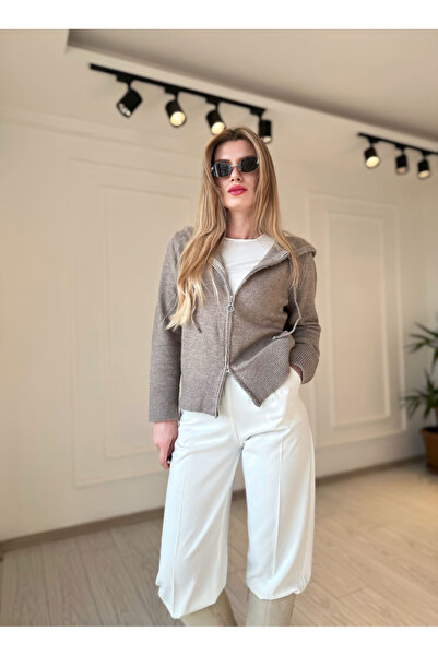 Store Çift Fermuar Kapamalı Kapüşonlu Vizon Hırka