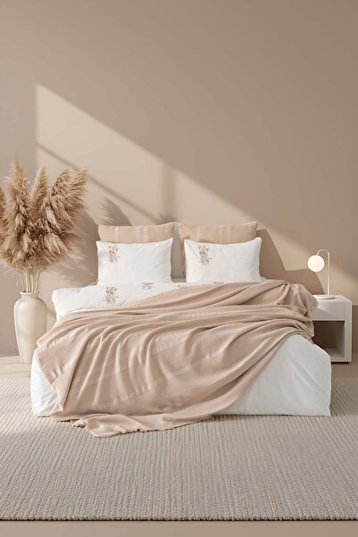 Rivaİstanbul Amara Cappuccino Embroidered Double Size 100% Cotton Duvet Cover Set - 7 Piece Dowry Set