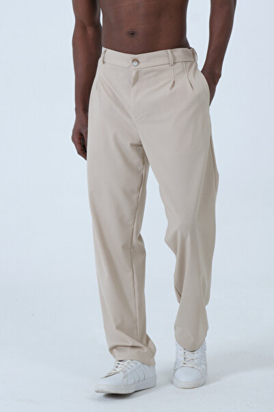 RELAXL Ανδρικό υφασμάτινο παντελόνι μπεζ με πλισέ ψηλόμεσο μοντέρνο στυλ