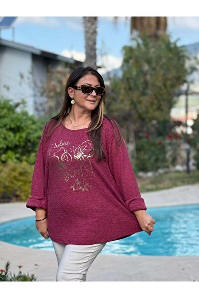 Punta Otantik Yg31256 Italian Self-Patterned Floral B Printed Knitwear Blouse Burgundy