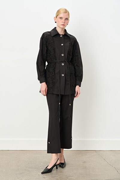 Nihan Dantel Garnili Ceket Pantolon Poly. Viskon Takım Siyah