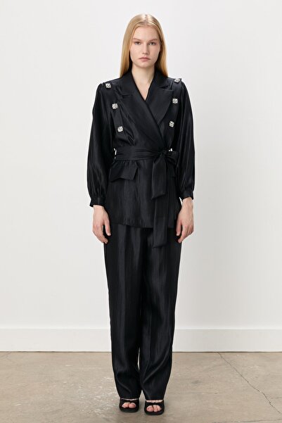 Nihan Parlak Taşlı Kuşaklı Ceket Pantolon Takım Siyah