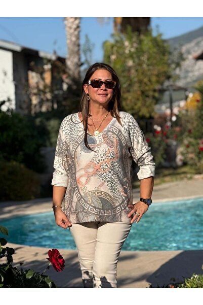 Punta Otantik YG90662 Μερσεριζέ ιταλική μπλούζα με λαιμόκοψη σε σχήμα V με τύπωμα ΓΚΡΙ