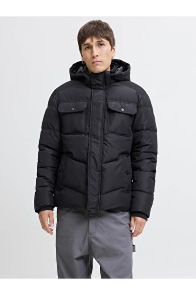 Jack & Jones Jachetă bărbătească, MORGAN PUFFER, cu glugă detașabilă, neagră