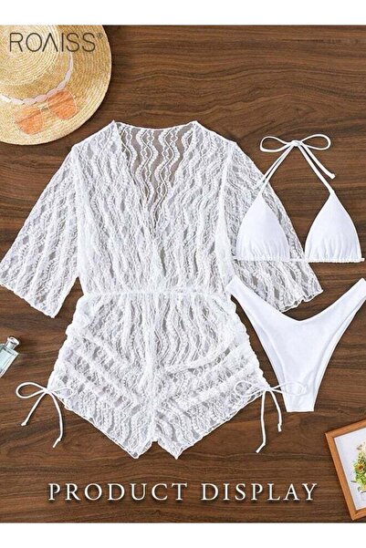 ROAISS 3-Piece Women's Bikini Set Neck Tied Bra And High Waisted Swimming Trunks Flower Lace Beach Waist El