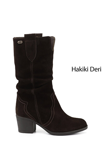 GÖNDERİ(R) Women's Brown Suede Thick Heeled Bellows Genuine Leather Boots