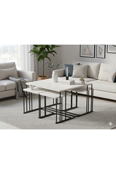 usta mekan Seul 5 li Tekerli Siyah Beyaz Yavrulu 4+1 Kare Orta Sehpa