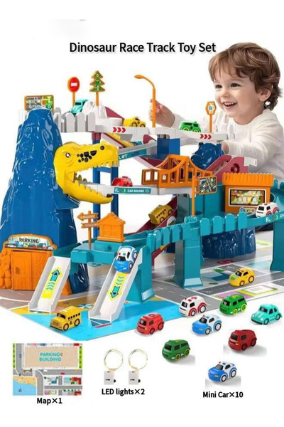 Generic Dinosaur racing track toy set, includes 10 mini race cars, suitable for children aged 3-8