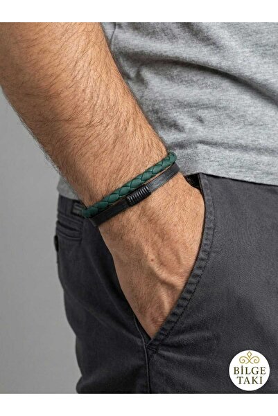 Bilge Takı سوار جلدي رجالي أخضر بتفاصيل محبوكة، تصميم بشريطين