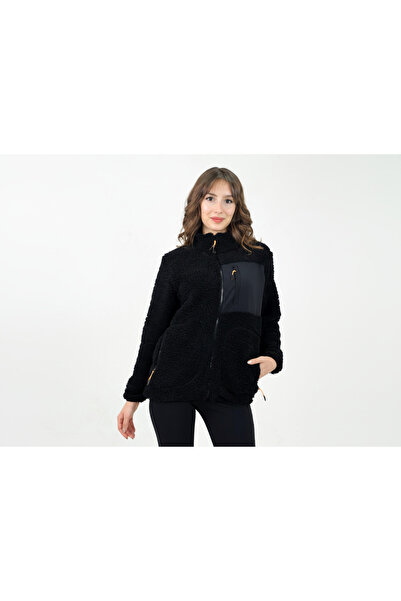 TKT Black Women's Lamb Welsoft Fleece Jacket Full Zipper 3 Pockets Front Piece Detail Full Size