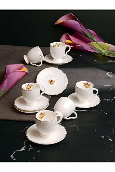 Paçi Embossed Flowers 6 Person Coffee Cup Sets