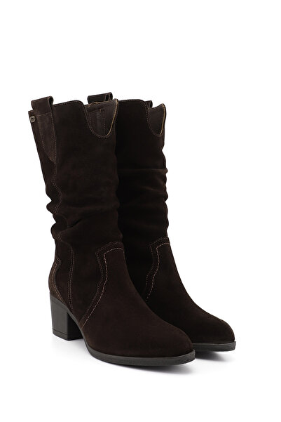GÖNDERİ(R) Women's Brown Suede Thick Heeled Bellows Genuine Leather Boots