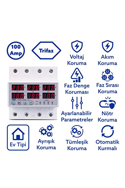 TOMZN 100A Ayrışık Voltaj ve Akım Koruma Rölesi Gerilim Koruyucu 3 Fazlı - Ev...