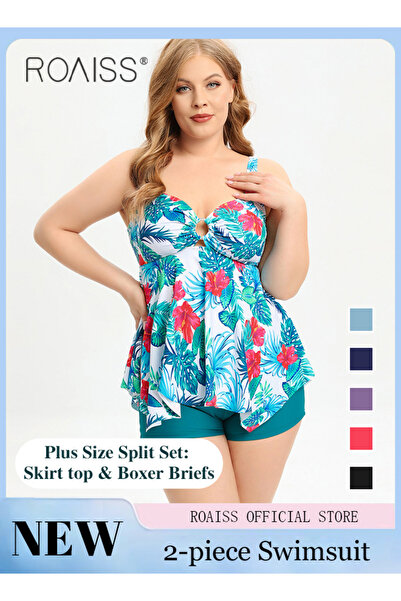 ROAISS 2 Piece Plus Size Swimsuit for Women Conservative Split Bikini Suits Involves High Waisted Tankini D