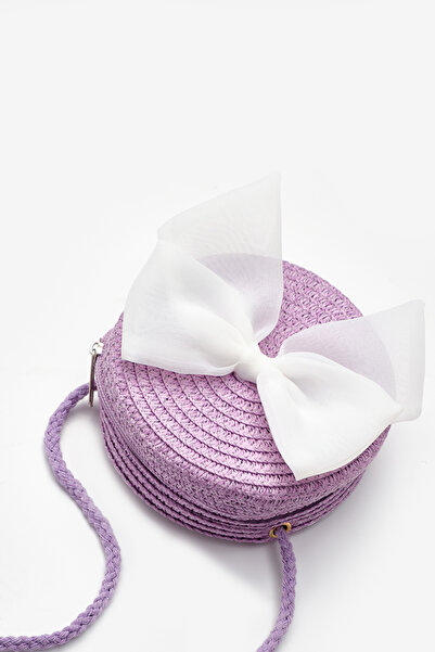 Le Mabelle Geantă de paie pentru fetiță cu fundă albă liliac