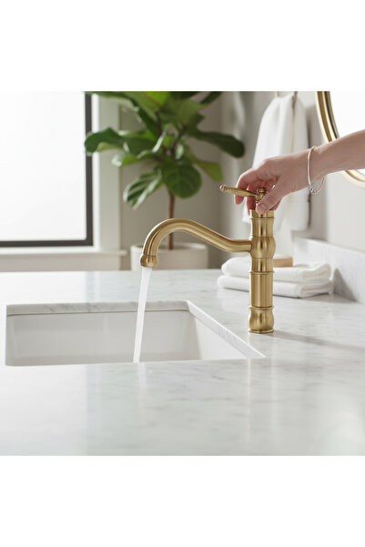 İSAOĞLU YAPI Washbasin Faucet Matte Gold Avant-Garde Bathroom Sink Fixture Brushed Gold Brass Material