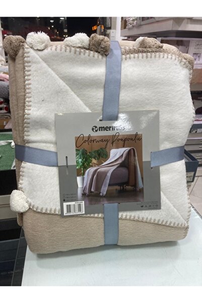 KÜBRAHOME'S Double Merino Double-Sided Pompon Blanket Beige