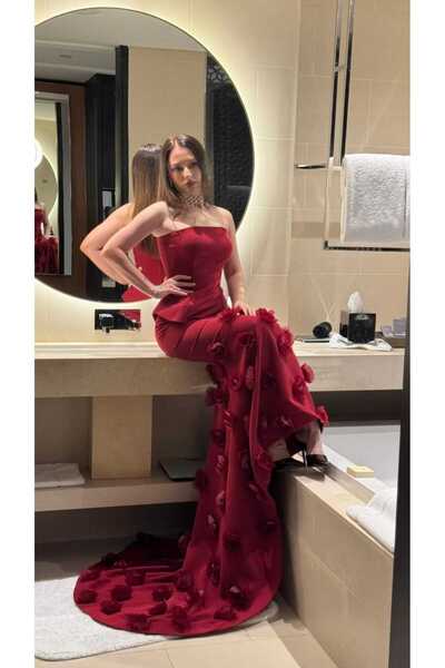 Thara Red off-the-shoulder evening dress with sheer sleeves and a long floral train