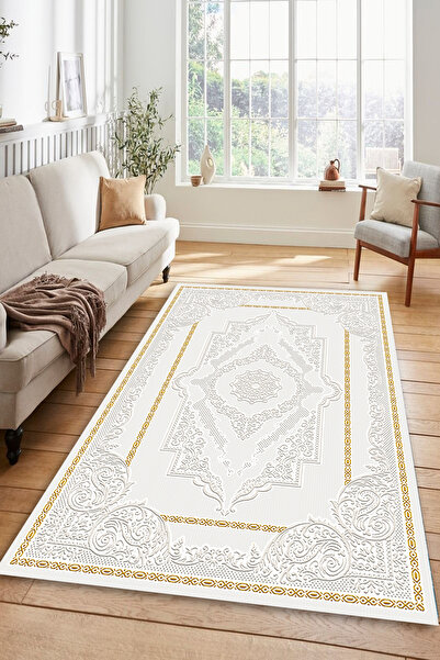 Kessy Home Studio Krem Üzeri Altın Klasik Motifli Halı Kaymaz Taban Yumuşak Dokulu Dijital Baskı Mutfak Halısı &Yolluk