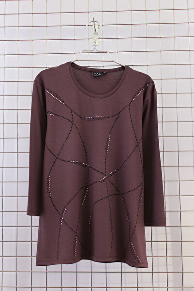 YXL COLLECTION Γυναικείο μπλουζάκι μεγάλου μεγέθους ελαστικό ύφασμα με λαιμόκοψη με πέτρινο στάμπα με τριών τετάρτων μανίκια (4 ελαφρύ ) Mother T-shirt Βαμβακερή μπλούζα