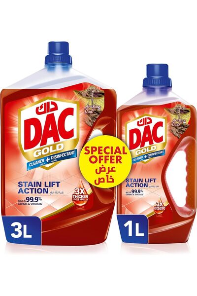 DAC مطهر ذهبي برائحة العود العربي عبوة مزدوجة، 3 لتر + 1 لتر
