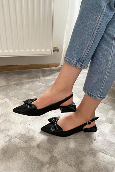 asmi shoes Sista Black Skin Bow Open Back 2 cm Heeled Pointed Toe Ballerinas