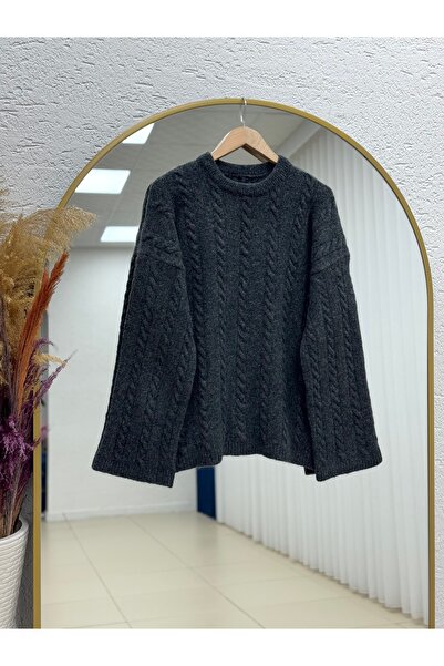 MİHRA STORE سترة تريكو مضفرة من فابيا-Zİ7030 أنثراسيت