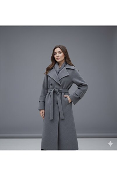 Kırmızı iz Premium Kaşe Kumaş Astarlı Kışlık Uzun Kaban | Bağlamalı, Trend Gri Model kaşe kaban