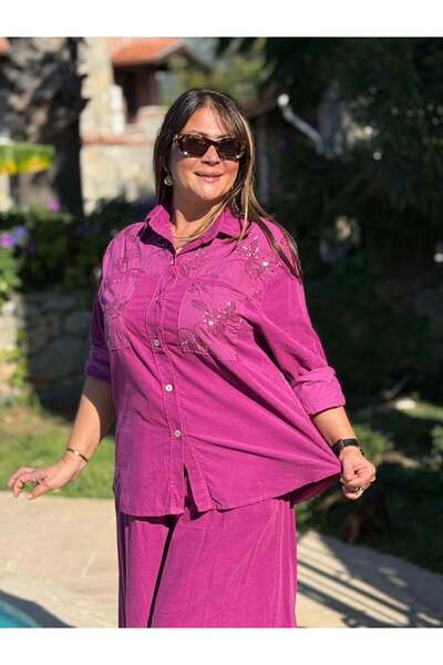 Punta Otantik Nc25446 Italian Velvet Sequin Pants Blouse Set Fuchsia
