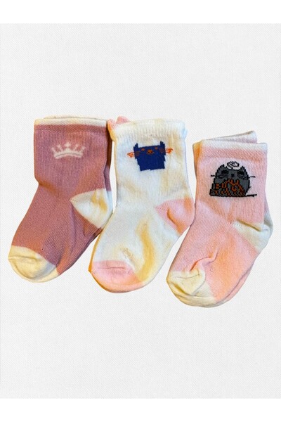 Fil Kids Baby Girl Winter Socks Cotton Fabric 3-Piece Pink White Cat Crown Pa...