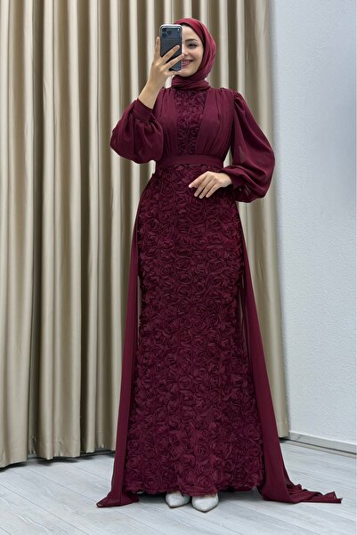 Matik Abiyem Gül Kumaş Şifon Tül Garnili Abiye