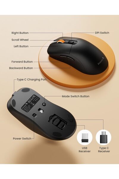 ProtoArc EM15 Bluetooth Rechargeable Tri-Mode Wireless Mouse - USB C, 2.4G - Black