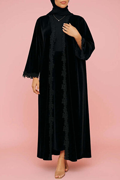 MayaCloset كيمونو وعباءة من مخمل الإسبريسو الفاخر الدافئ بتصميم دانتيل متقن -...