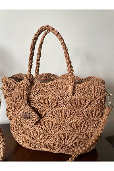 ELİŞİ MODA Handmade Straw Color Mussel Patterned Paper String Knitted Daily Hanging Shoulder Bag