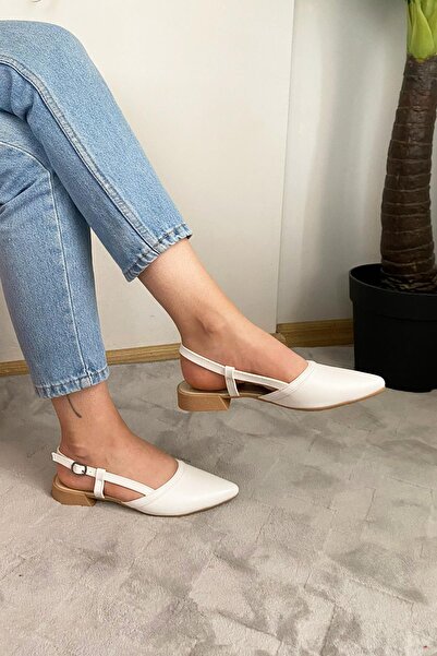 asmi shoes Women's Tena White Skin Open Back Pointed Toe Daily Ballerinas