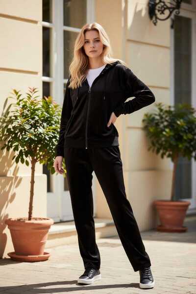 Seviliko Kadın Büyük Beden Kapüşonlu Fermuarlı Cepli Kadife Eşofman Takımı