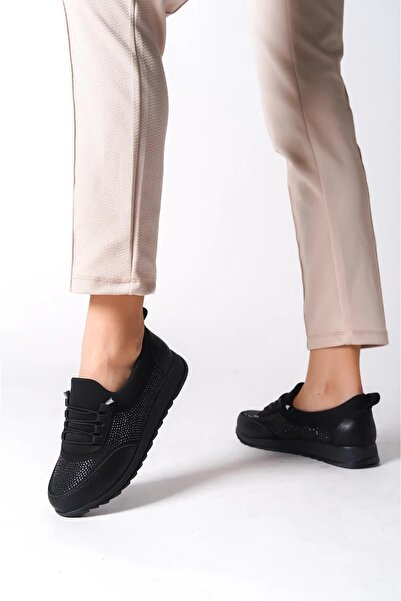 asmi shoes Women's Galina Black Stone Laced Elastic Orthopedic Comfortable Sole Stone Detailed Daily Ballerina Mother Shoes