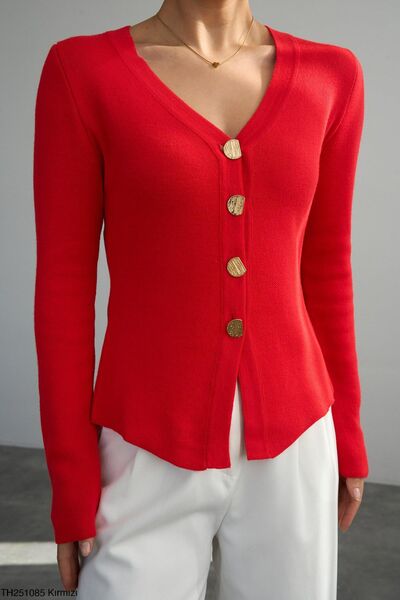 QUSTYLE Red Buttoned Knitwear Cardigan