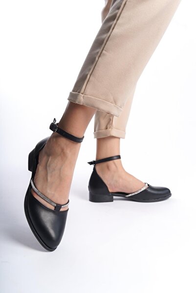 asmi shoes Women's Trey Black Leather Ballerinas with Stone Detail and Open Sides