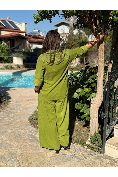 Punta Otantik Nc25446 Italian Velvet Sequin Pants Blouse Set Pistachio Green