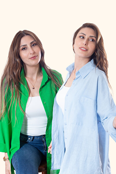 Justime قميص نسائي قصة فضفاضة من القطن والكتان باللون الأخضر - الأزرق الفاتح