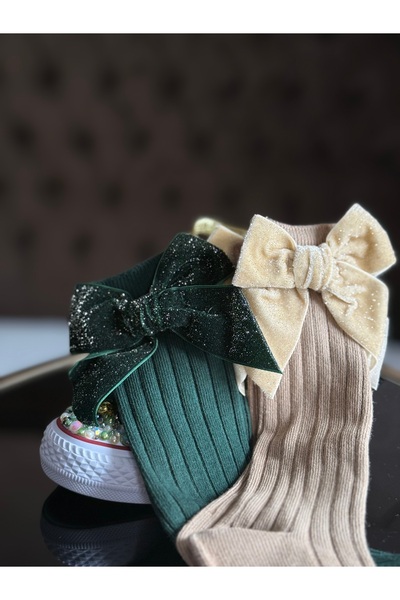 kiddos.ro Long cotton socks for children 0-8 years, for Christmas, with red, green or cream bows, Merry