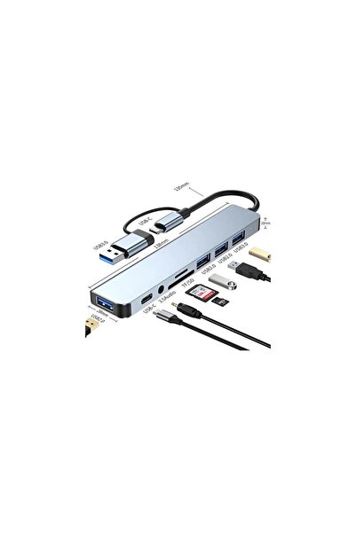 silabor 8 İn 1 Usb type-c usb 2.0/3.0 Audio 3.5 TF SD Çevirici Adaptör Çok Po...