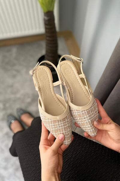 asmi shoes Kadın Tena Bej Keten Arkası Acık Sivri Burun Günlük Babet