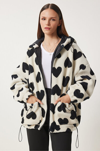 MANMARK Women's Oversized Hooded Heart Patterned Plush Jacket Coat