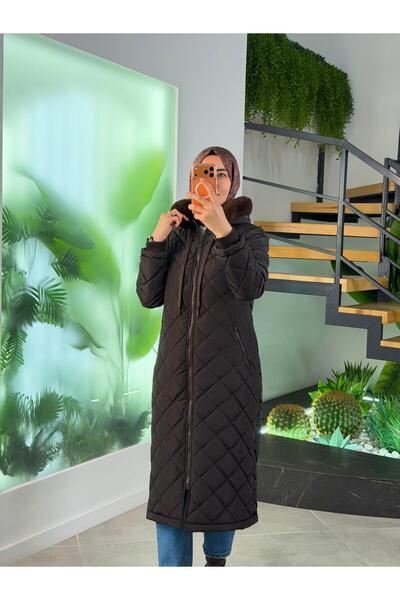 Armine Trend Hooded Fur Detailed Puffer Coat 25Kt702 Brown