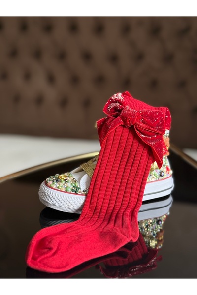 kiddos.ro Long cotton socks for children 0-8 years, for Christmas, with red, green or cream bows, Merry