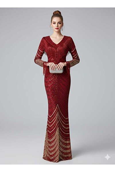 Generic Long, dark red evening dress with a tiered sequin design, featuring shoulder fringe and attractive sleeves.