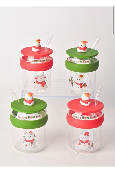 Tohana Kardan Adam Figürlü Yılbaşı Özel Pipetli Cam Bardak – Kapaklı Sevimli Tasarım